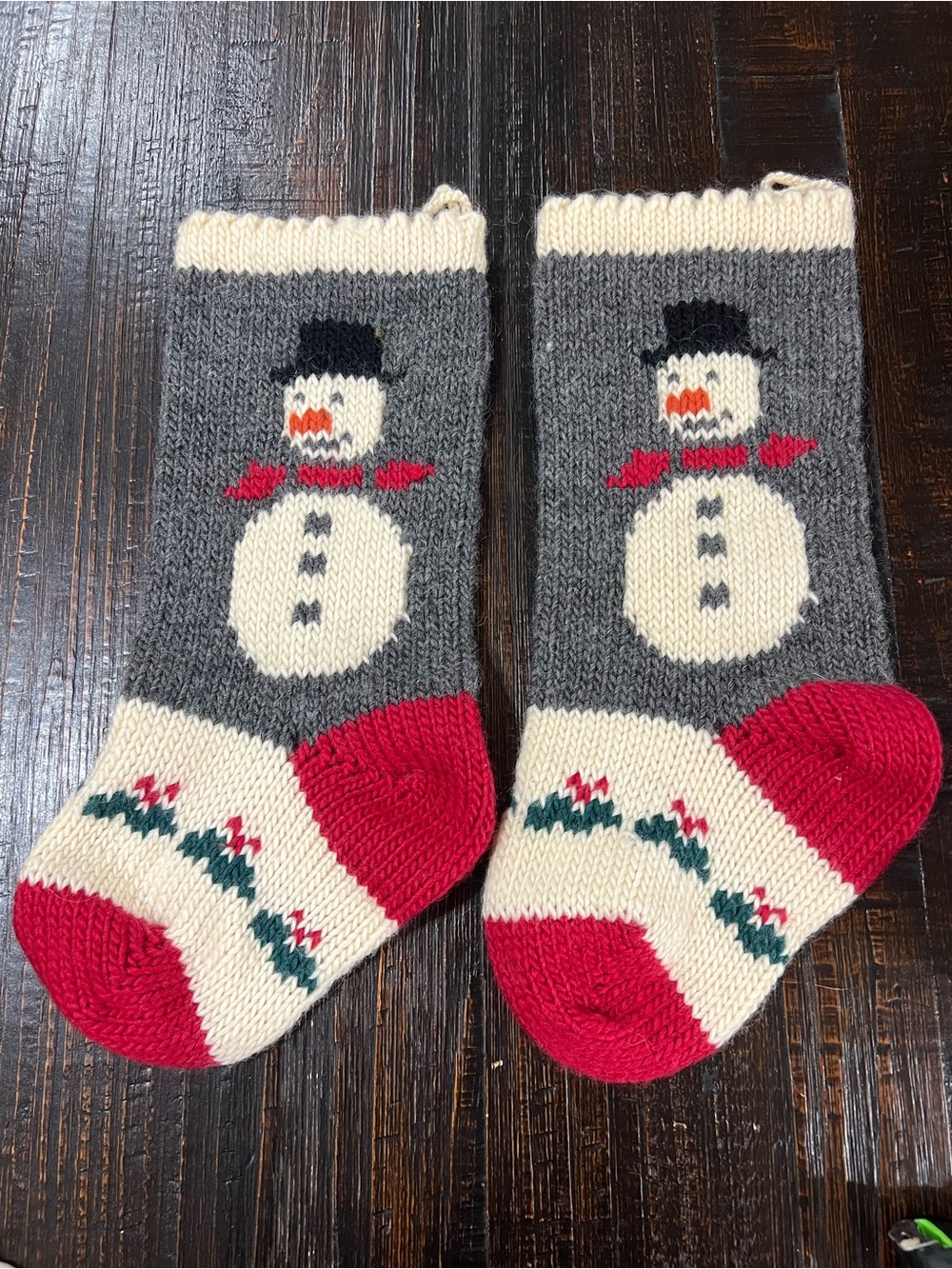 Christmas Stockings Pair Hand Knit Snowman Christmas Gray Red 16” Holiday Decor